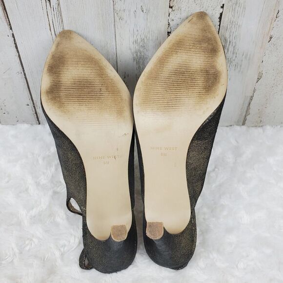 Nine West Gilman Leather Heels Glitter Gold Size 9 - Picture 6 of 8